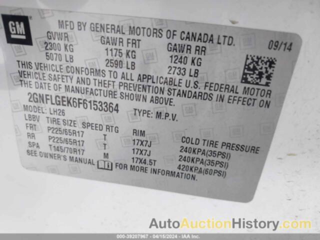 CHEVROLET EQUINOX 2LT, 2GNFLGEK6F6153364