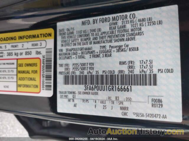 FORD FUSION S HYBRID, 3FA6P0UU1GR166661