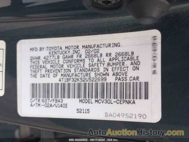 TOYOTA CAMRY LE V6, 4T1BF32K52U522699