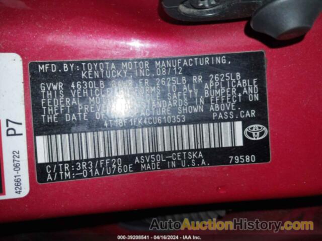 TOYOTA CAMRY SE, 4T1BF1FK4CU610353