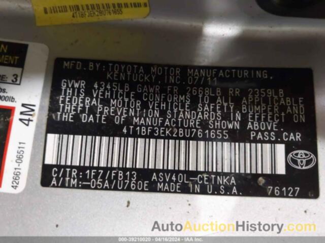 TOYOTA CAMRY SE/LE/XLE, 4T1BF3EK2BU761655