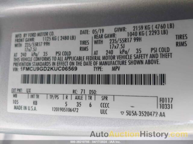 FORD ESCAPE SE, 1FMCU9GD2KUC06569