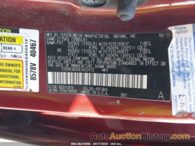 TOYOTA SIENNA XLE V6 8 PASSENGER, 5TDYK3DC6ES422412