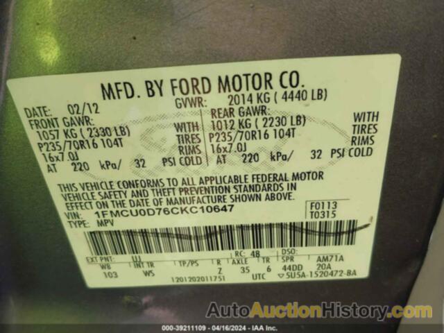 FORD ESCAPE XLT, 1FMCU0D76CKC10647