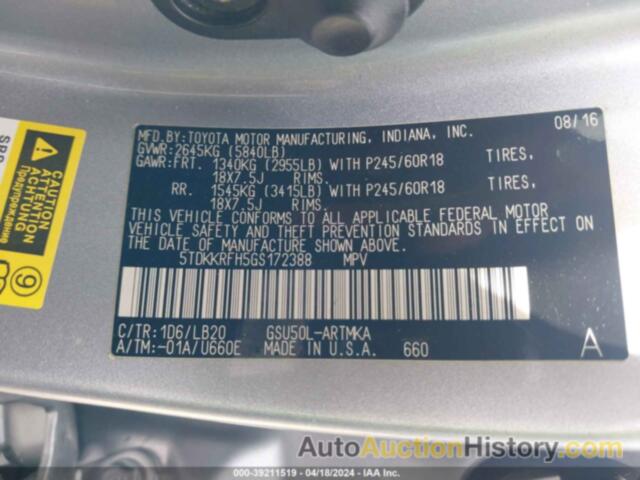 TOYOTA HIGHLANDER XLE V6, 5TDKKRFH5GS172388