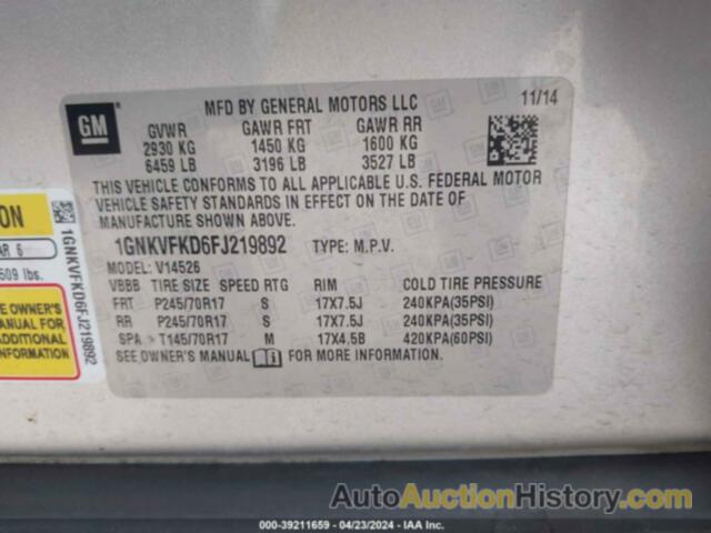 CHEVROLET TRAVERSE LS, 1GNKVFKD6FJ219892