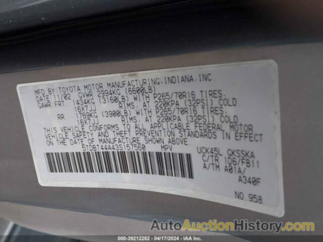 TOYOTA SEQUOIA SR5, 5TDBT44A43S157560