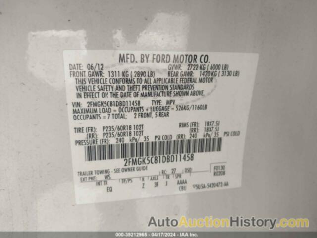 FORD FLEX SEL, 2FMGK5C81DBD11458