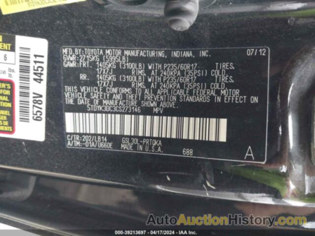 TOYOTA SIENNA XLE V6 8 PASSENGER, 5TDYK3DC3CS273146