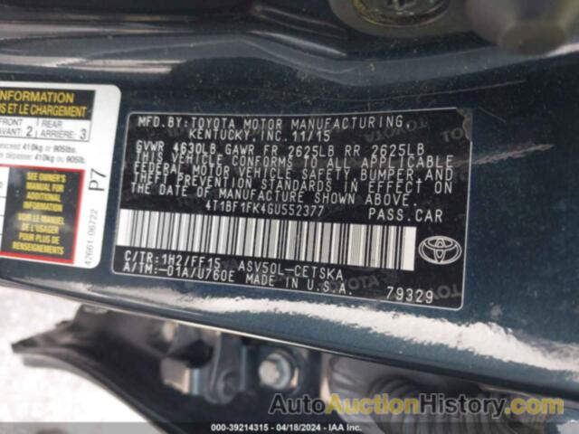TOYOTA CAMRY LE/XLE/SE/XSE, 4T1BF1FK4GU552377