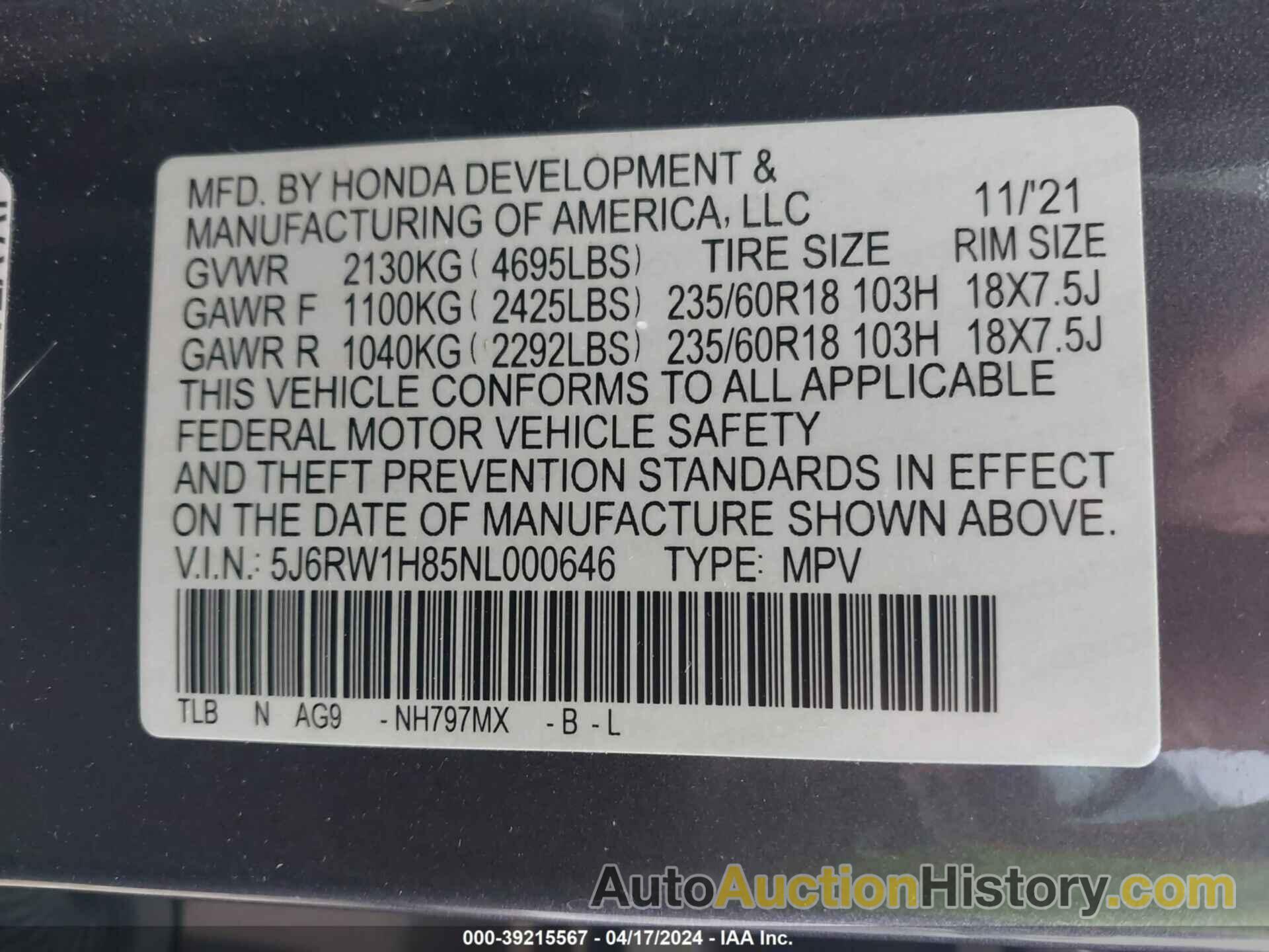 HONDA CR-V 2WD EX-L, 5J6RW1H85NL000646