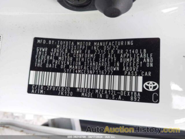 TOYOTA COROLLA XSE, 5YFT4MCE9NP116777