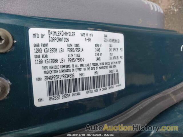 DODGE CARAVAN, 2B4GP25R1YR834533