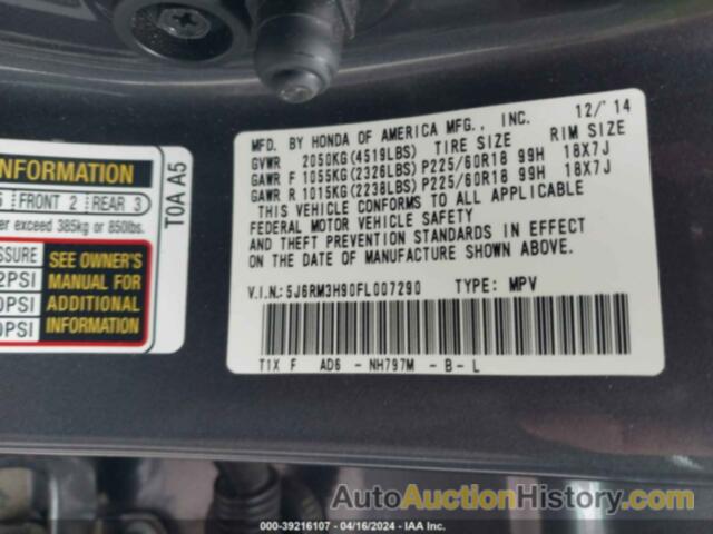 HONDA CR-V TOURING, 5J6RM3H90FL007290