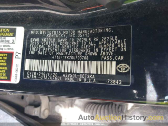 TOYOTA CAMRY L/SE/LE/XLE, 4T1BF1FK7DU703708