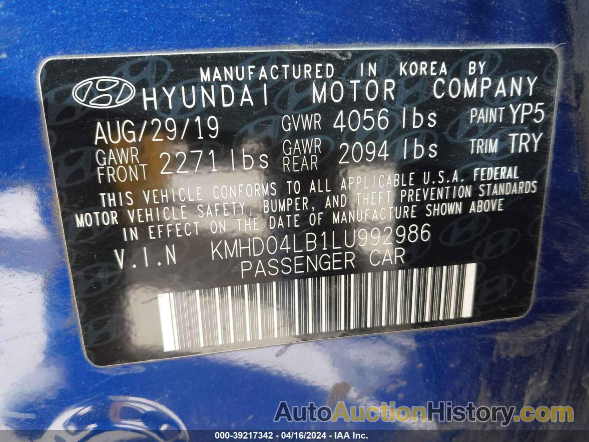 HYUNDAI ELANTRA SPORT, KMHD04LB1LU992986