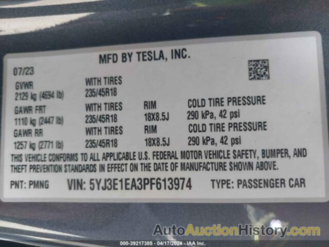 TESLA MODEL 3 REAR-WHEEL DRIVE, 5YJ3E1EA3PF613974