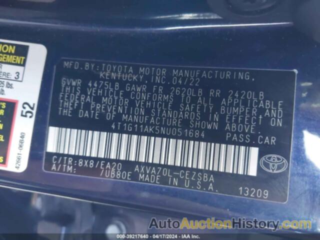 TOYOTA CAMRY SE, 4T1G11AK5NU051684