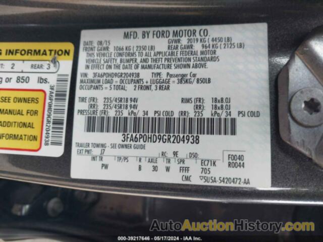 FORD FUSION SE, 3FA6P0HD9GR204938