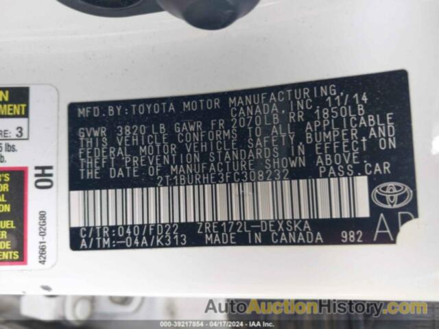 TOYOTA COROLLA S PLUS, 2T1BURHE3FC308232