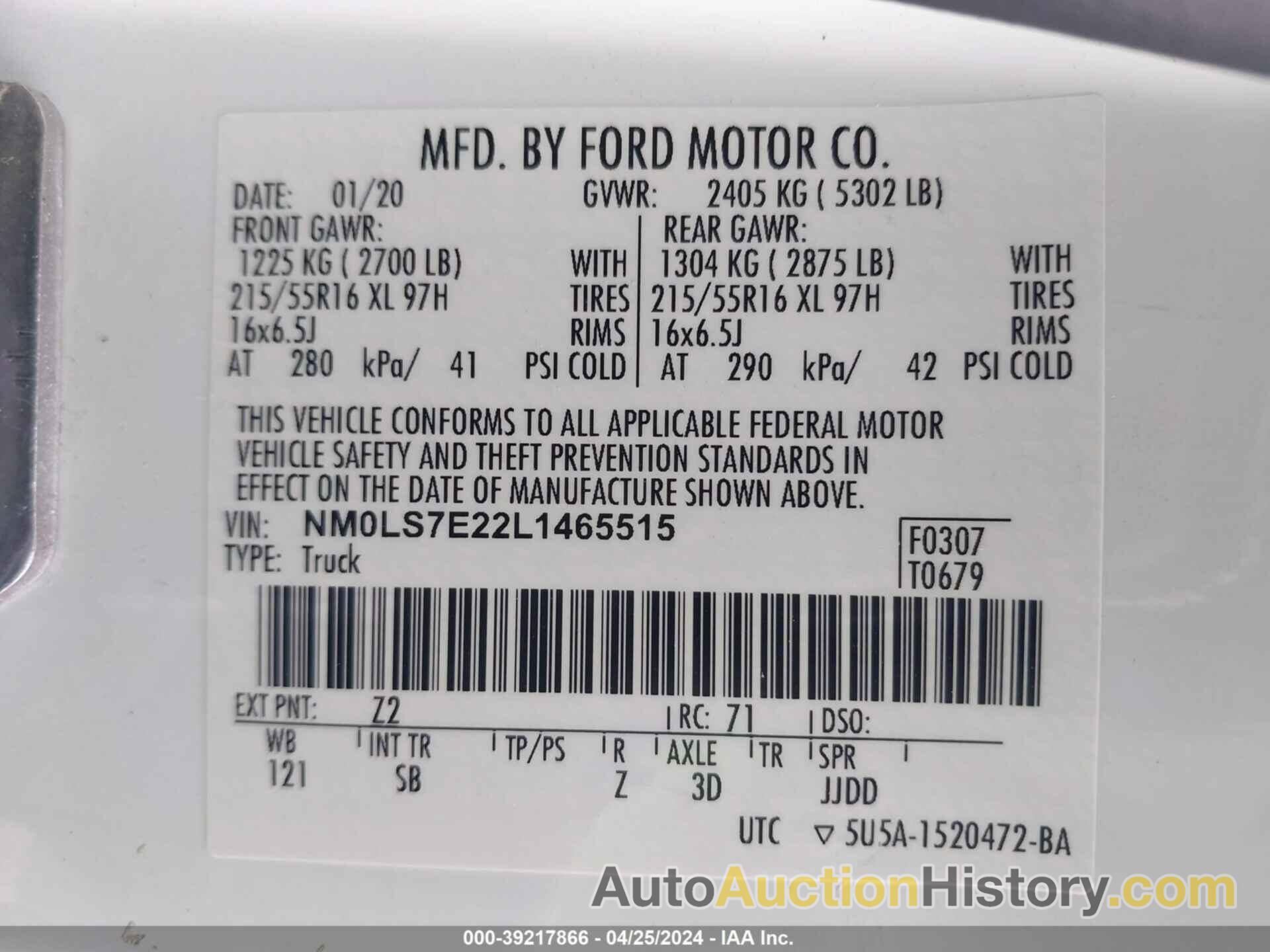 FORD TRANSIT CONNECT XL, NM0LS7E22L1465515