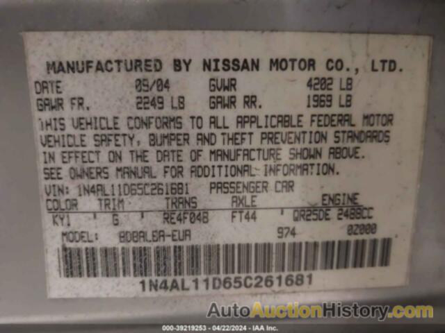 NISSAN ALTIMA 2.5 S, 1N4AL11D65C261681