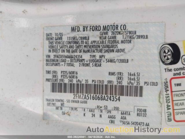 FORD FREESTAR SE, 2FMZA51606BA24354