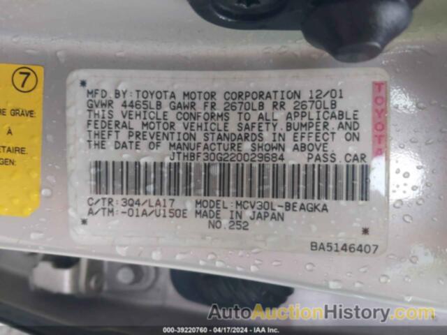 LEXUS ES, JTHVF30G220029684