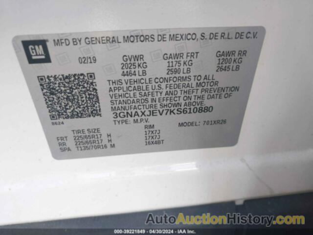 CHEVROLET EQUINOX LT, 3GNAXJEV7KS610880