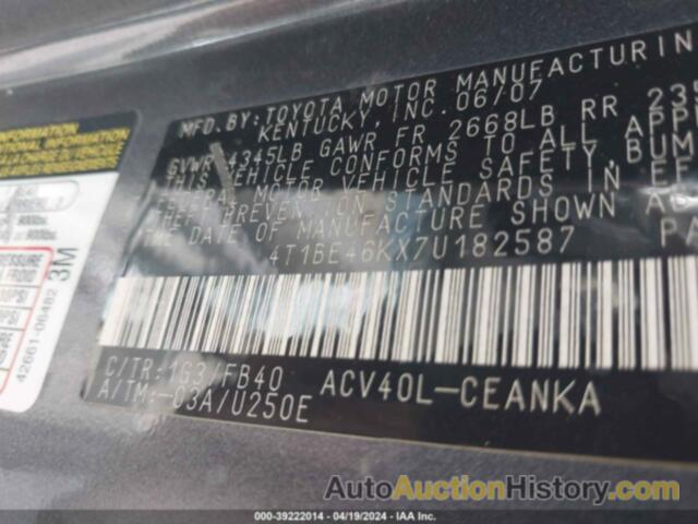 TOYOTA CAMRY CE/LE/XLE/SE, 4T1BE46KX7U182587