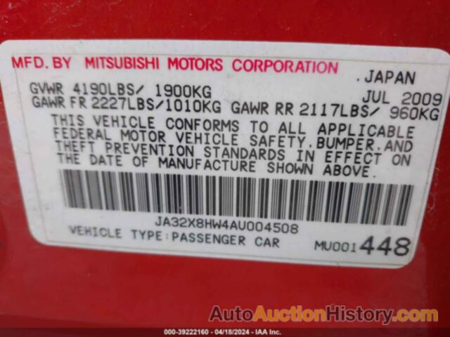 MITSUBISHI LANCER SPORTBACK GTS, JA32X8HW4AU004508