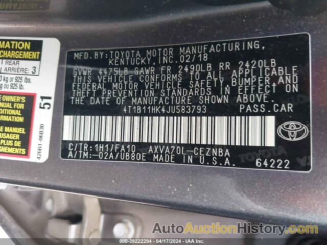 TOYOTA CAMRY L/LE/XLE/SE/XSE, 4T1B11HK4JU583793