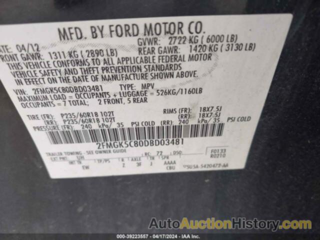 FORD FLEX SEL, 2FMGK5C80DBD03481