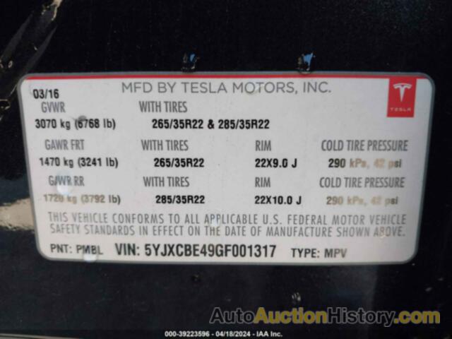 TESLA MODEL X 75D/P100D/P90D, 5YJXCBE49GF001317