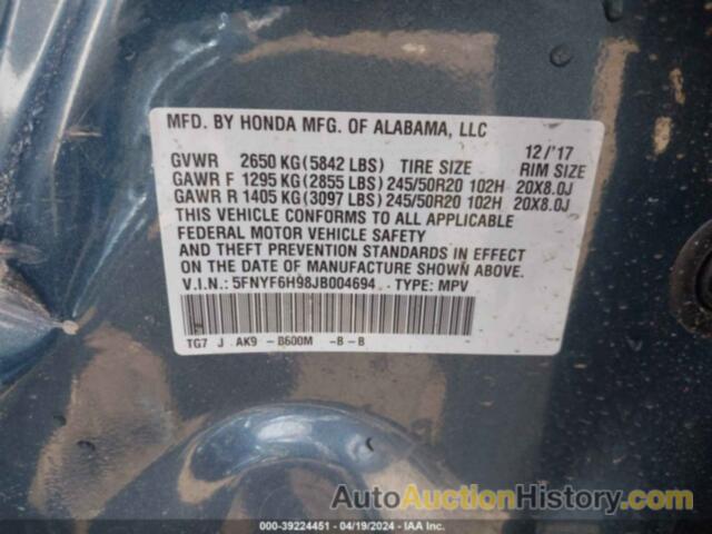 HONDA PILOT TOURING, 5FNYF6H98JB004694