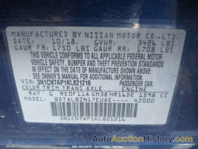 NISSAN VERSA 1.6 SV, 3N1CN7AP1KL821216