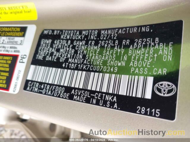 TOYOTA CAMRY LE, 4T1BF1FK7CU070349