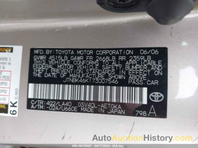 TOYOTA CAMRY XLE V6, JTNBK46K173007546