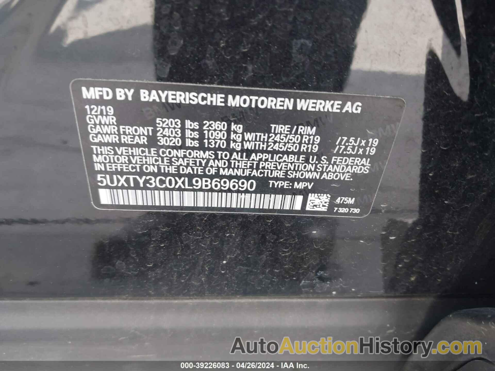 BMW X3 SDRIVE30I, 5UXTY3C0XL9B69690