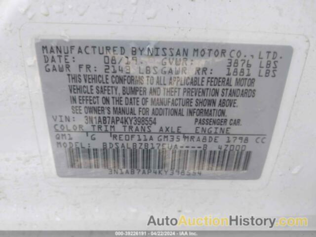 NISSAN SENTRA S/SV/SR/SL, 3N1AB7AP4KY398554