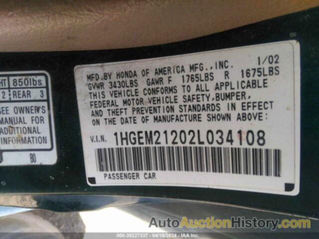 HONDA CIVIC DX, 1HGEM21202L034108