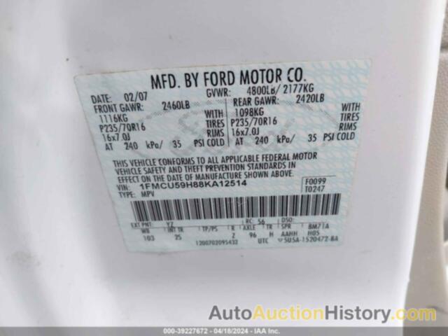 FORD ESCAPE HYBRID, 1FMCU59H88KA12514