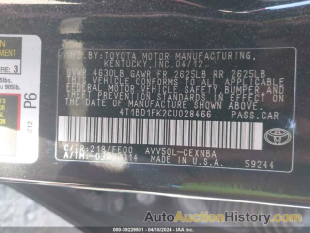 TOYOTA CAMRY HYBRID/LE/XLE, 4T1BD1FK2CU028466