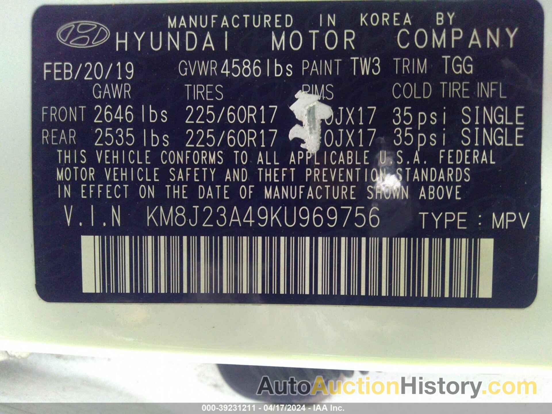 HYUNDAI TUCSON SE, KM8J23A49KU969756