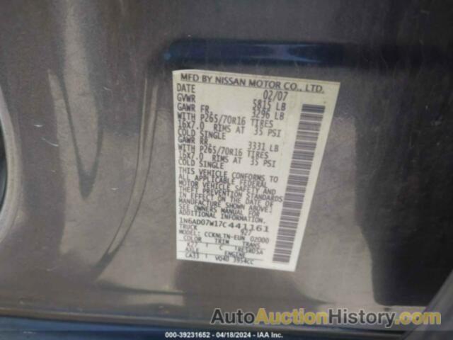 NISSAN FRONTIER SE, 1N6AD07W17C441161