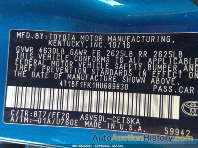 TOYOTA CAMRY LE/XLE/SE/XSE, 4T1BF1FK1HU689830