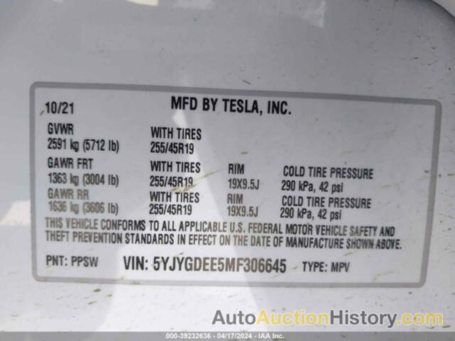 TESLA MODEL Y LONG RANGE DUAL MOTOR ALL-WHEEL DRIVE, 5YJYGDEE5MF306645