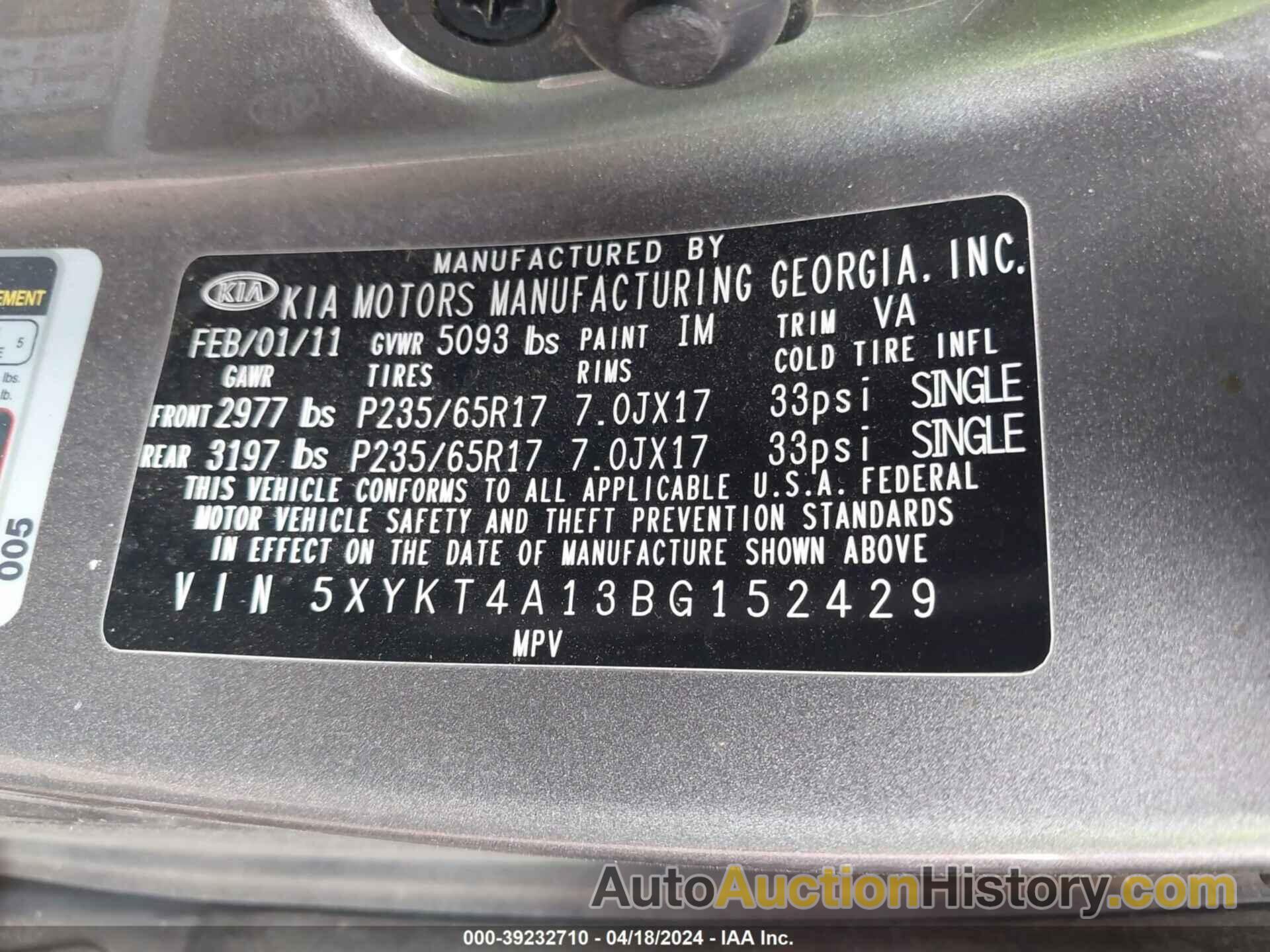 KIA SORENTO LX, 5XYKT4A13BG152429