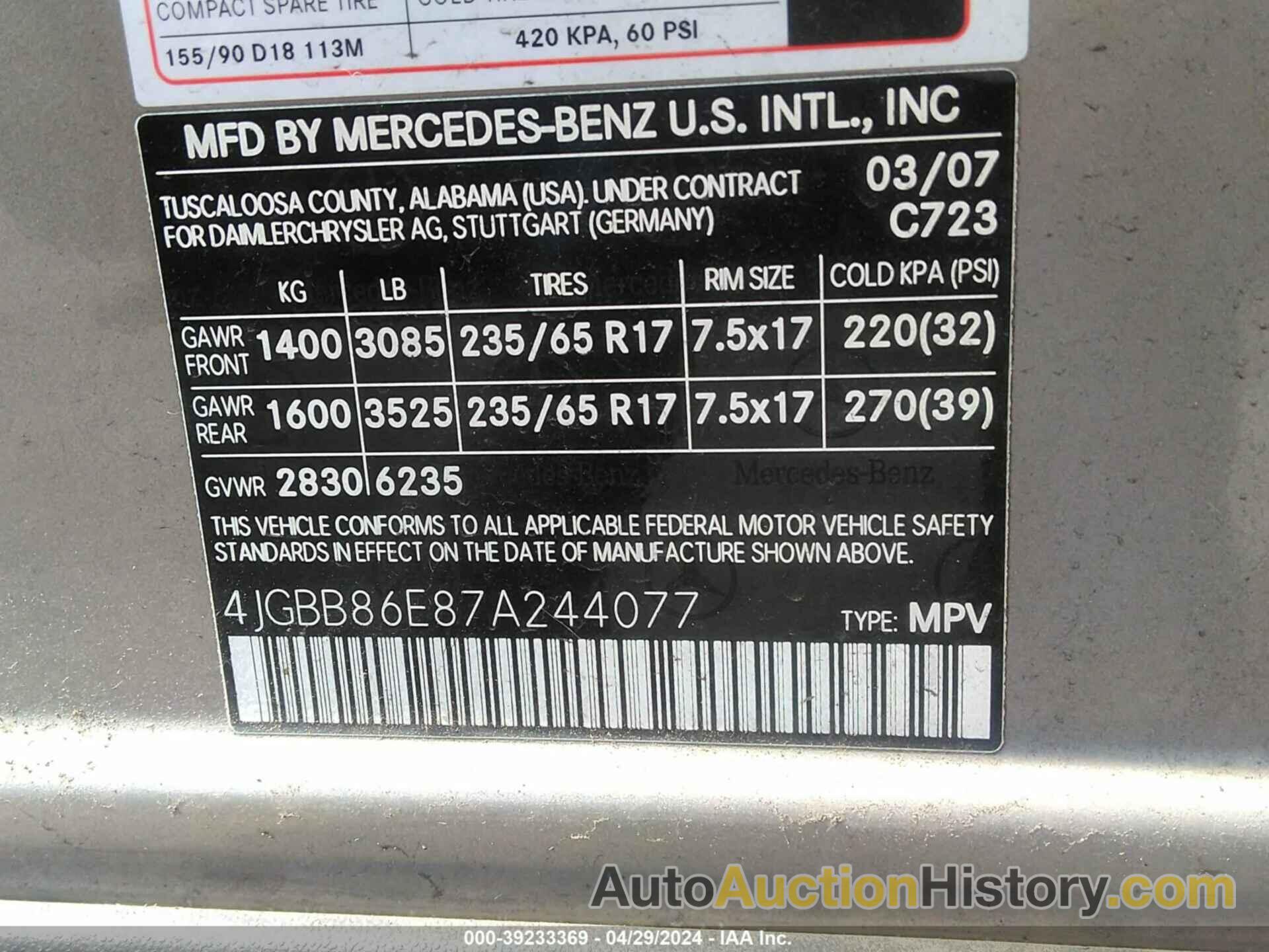 MERCEDES-BENZ ML 350 4MATIC, 4JGBB86E87A244077