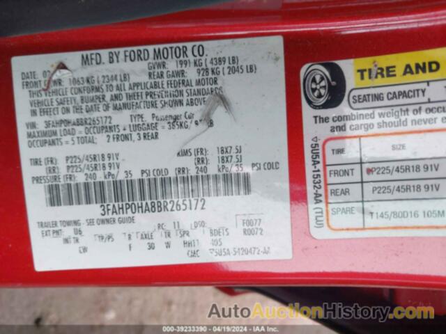 FORD FUSION SE, 3FAHP0HA8BR265172